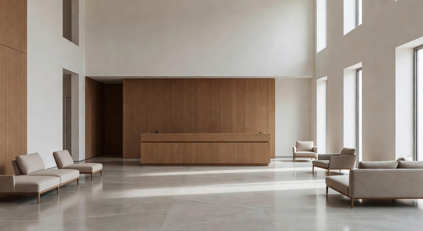 Elegant minimalist hotel lobby with warm European oak and honed gray marble with white veining